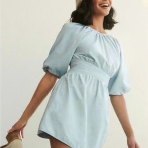 Love the Label Light Blue Puff-Sleeve Mini Dress with Smocked Waist tied back S